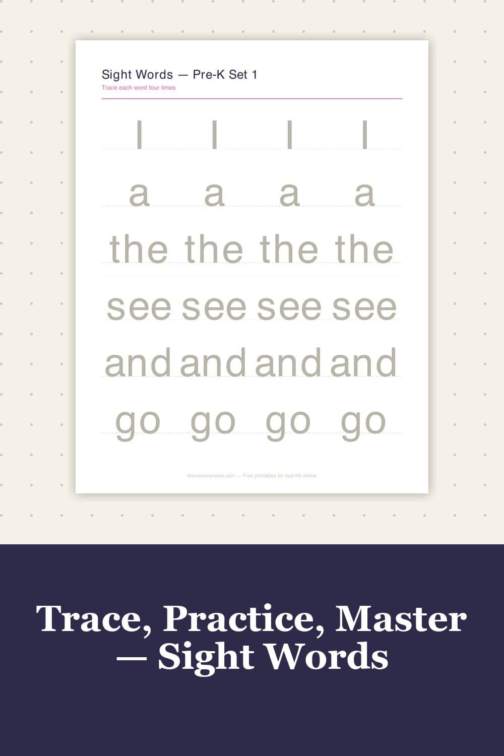 Sight Words Printable (Free Pre-K, Kindergarten + 1st Grade Pack) — mockup of the printable