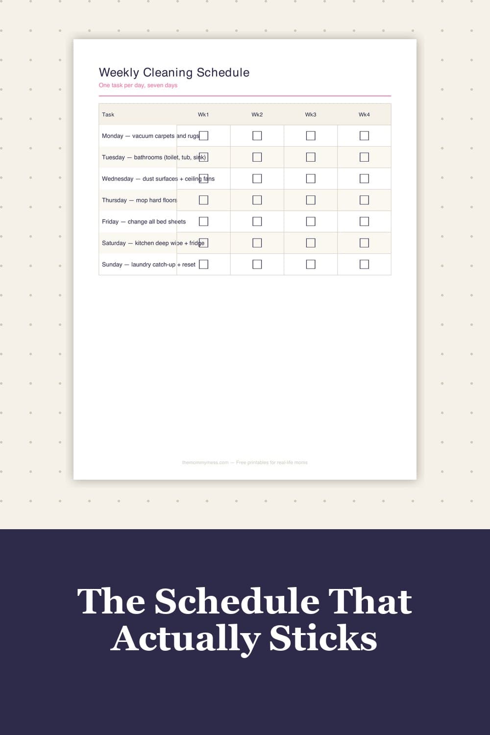 Free Printable Cleaning Schedule (Weekly, Monthly, Room-by-Room + Bi-Weekly) — mockup of the printable